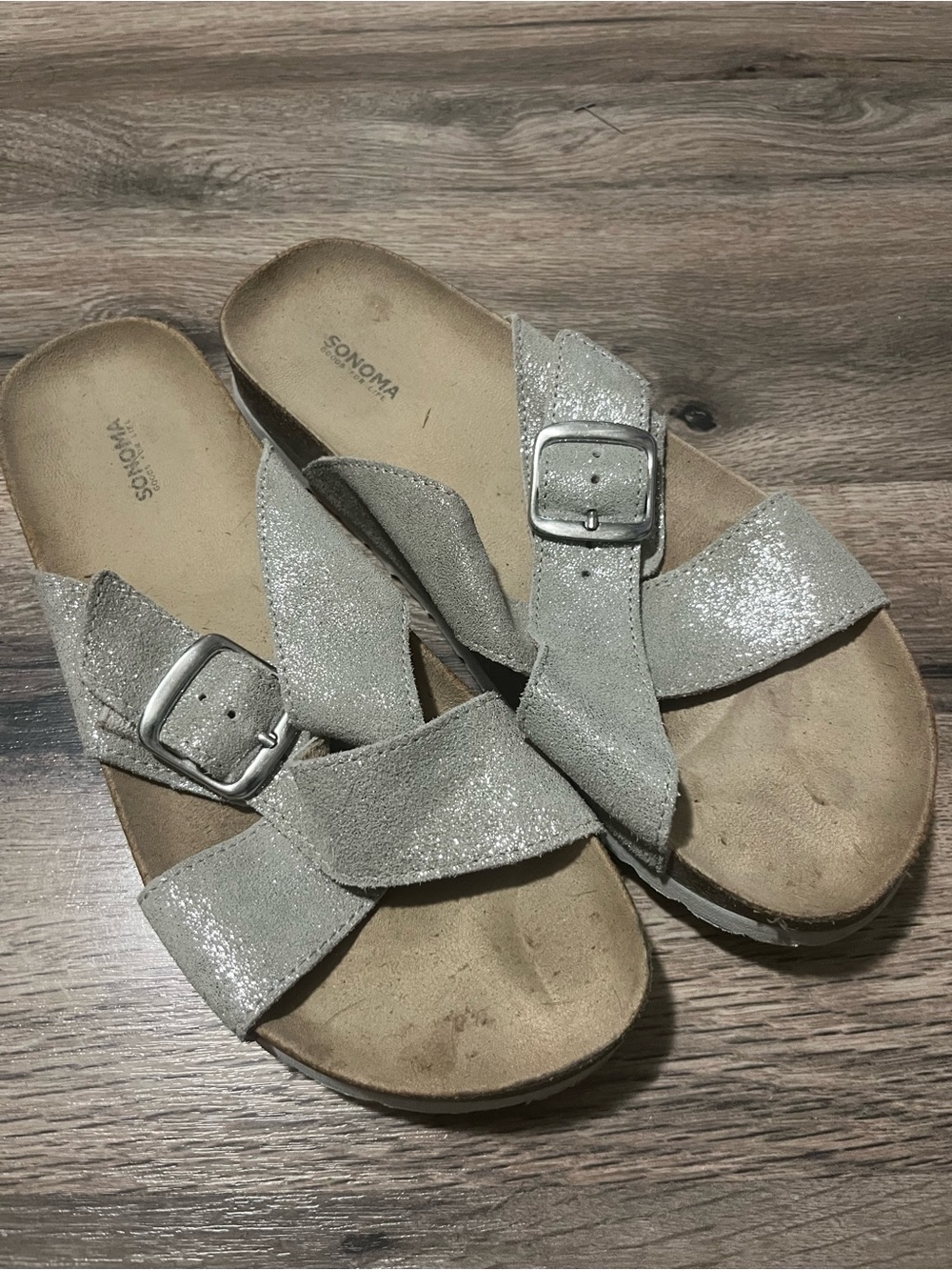 Sonoma Silver Glitter Birkenstock like  Slide Sandals- leather upper